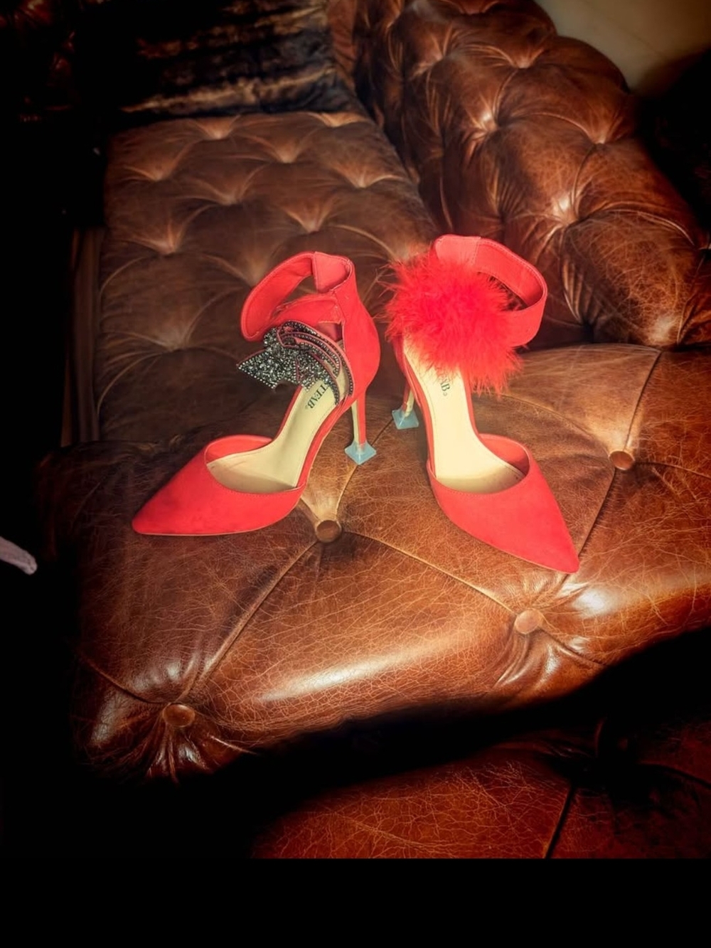 Size 10 Red Women's Pointed-Toe Ankle-Strap Heels with Feather And Bow (Handmade